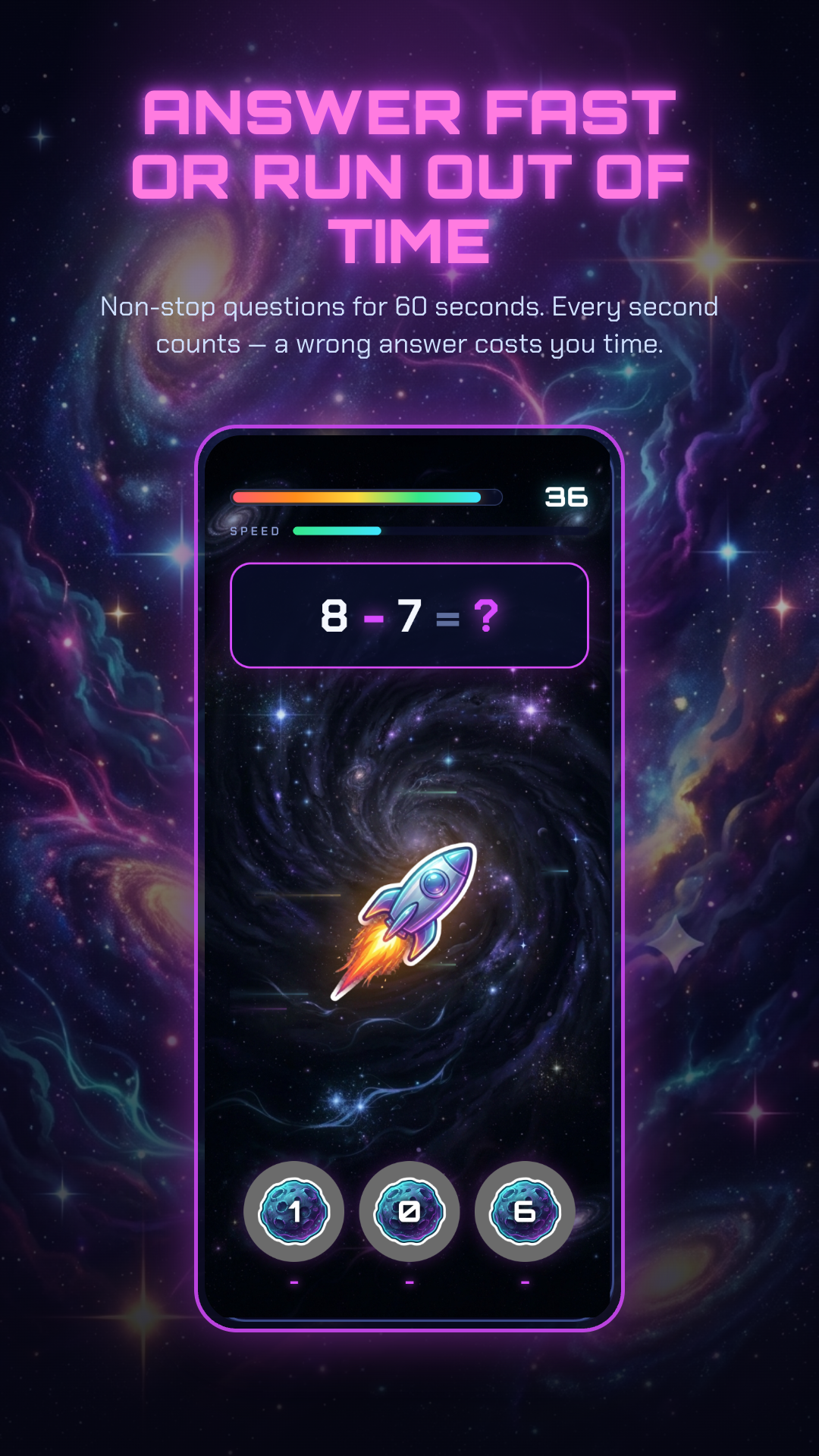 Math Dash gameplay screen with a subtraction problem