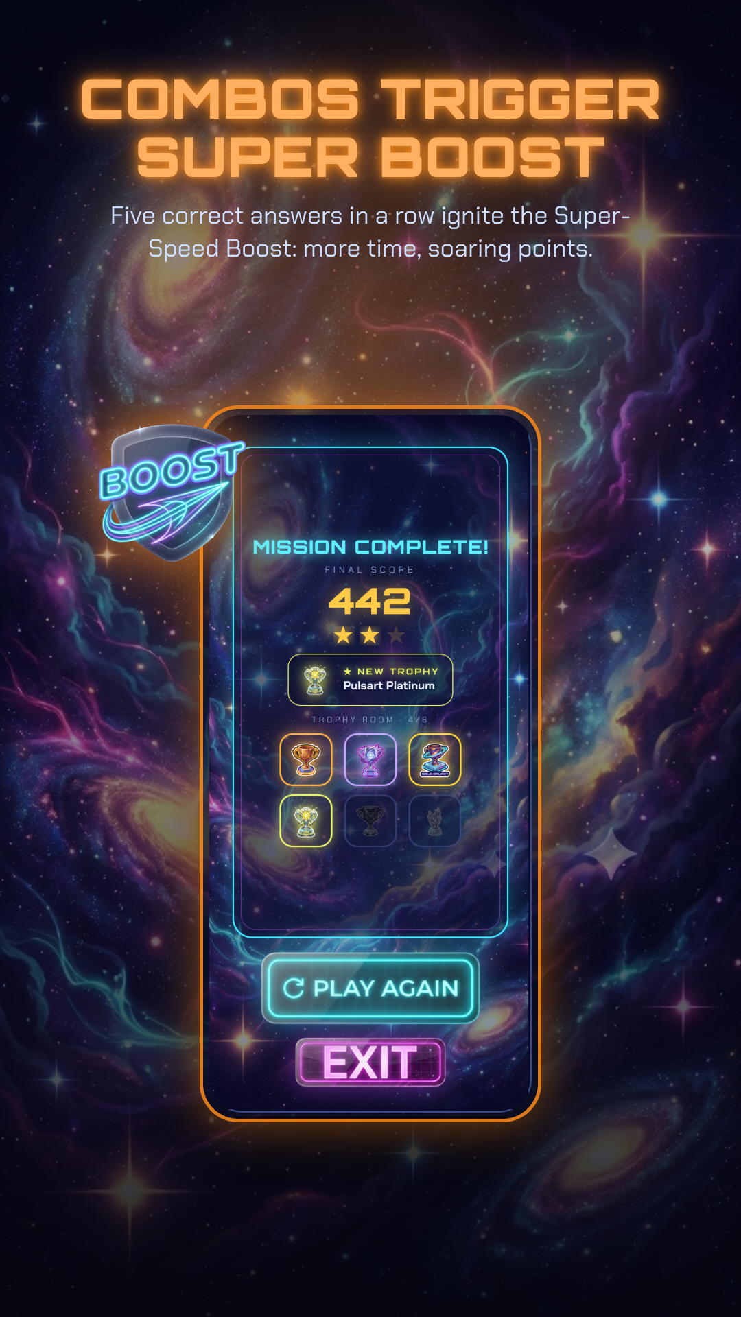 Math Dash mission complete screen with super boost and score