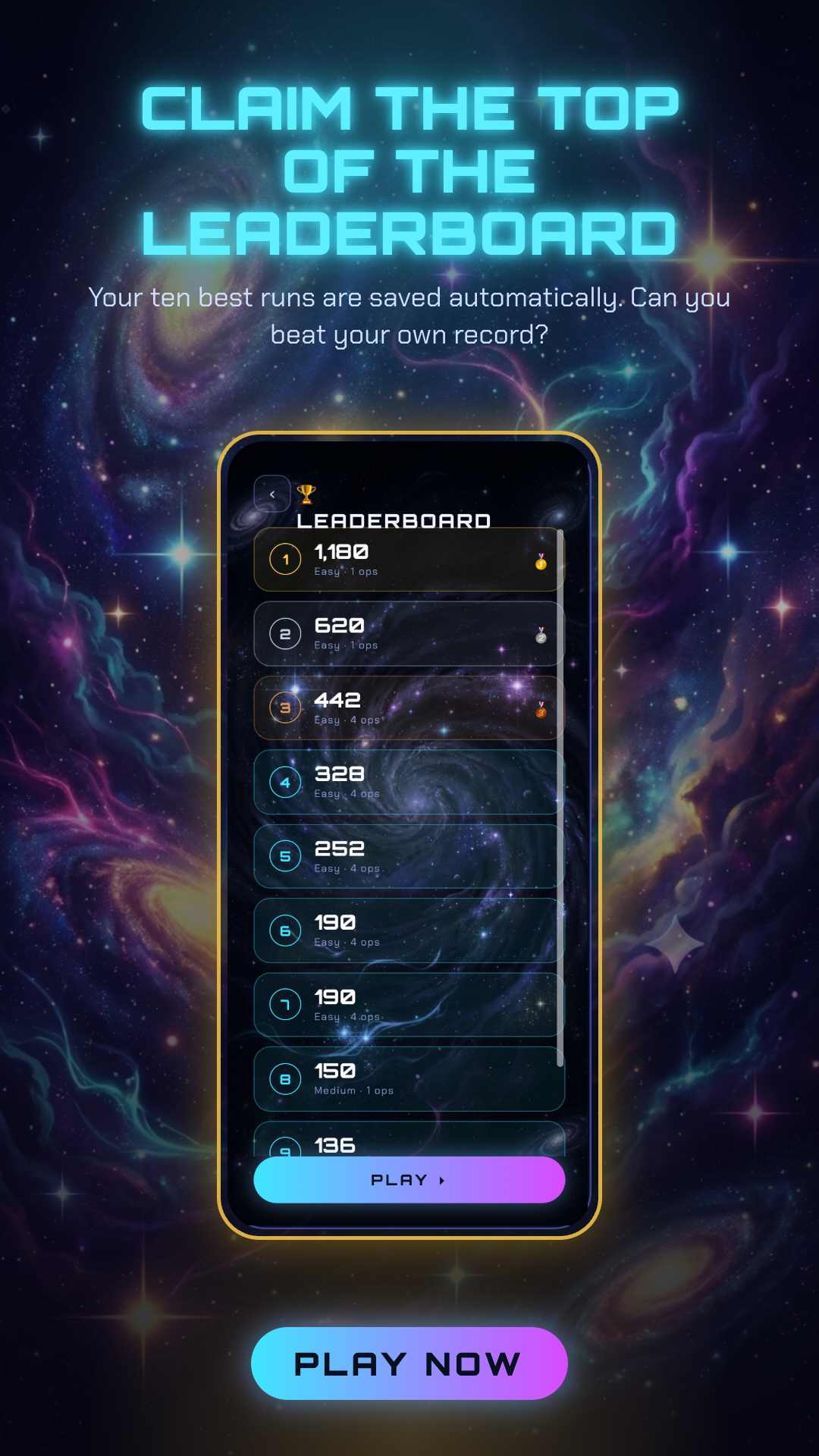 Math Dash personal leaderboard screen